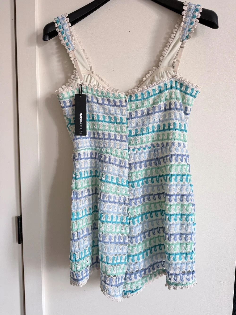Fashion Nova Pastel Crochet-Trim One-Piece Romper in Aqua, Lavender & Mint